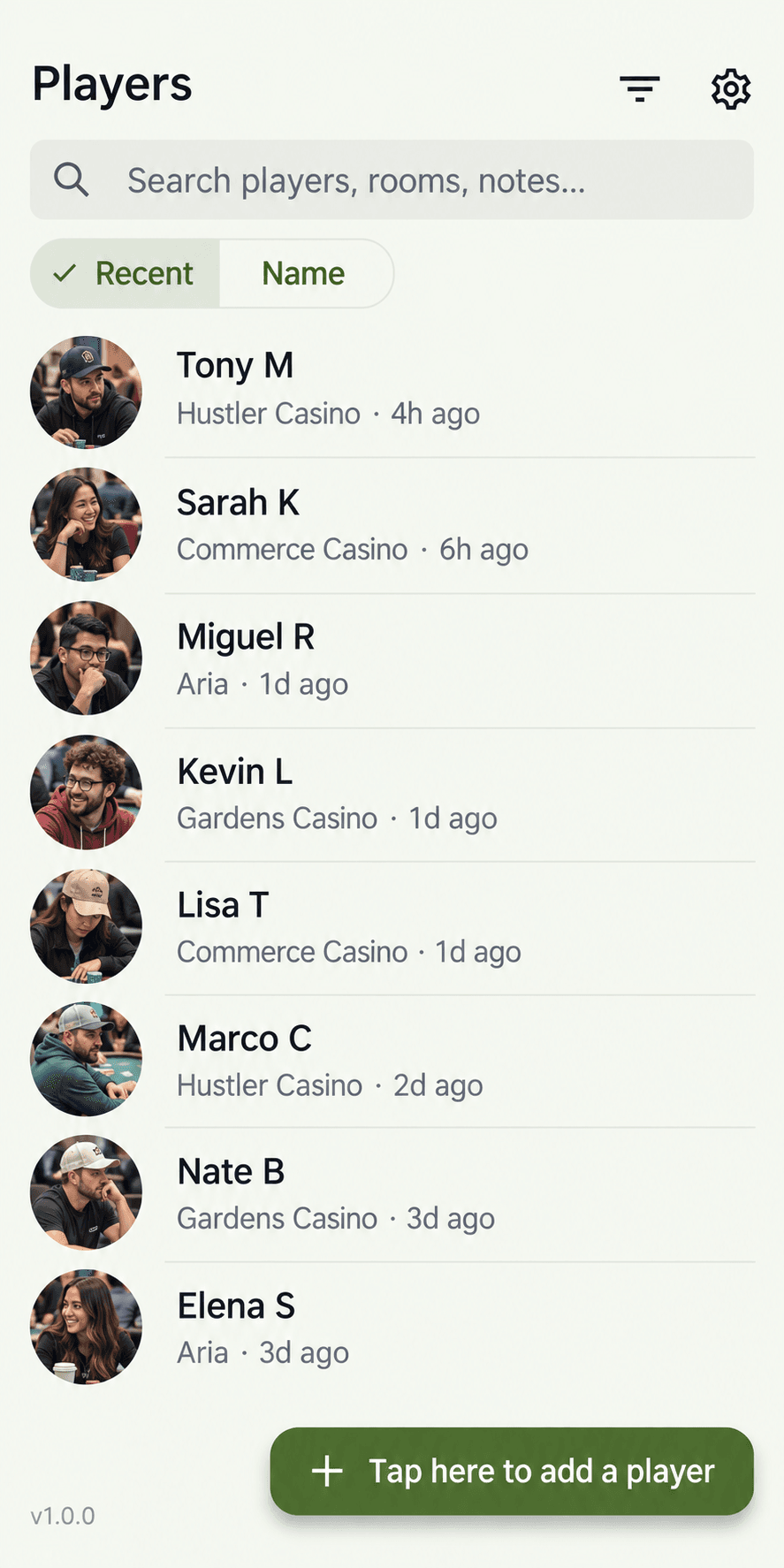 Player list screen